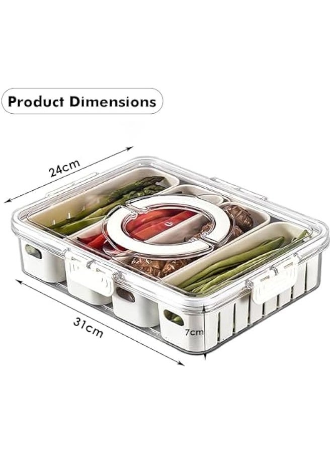 Storage Containers for Fridge, Divided Serving Tray with Lid and Handle, 4 Grids Portable Food Box Container, Fresh Produce Saver for Fruit, Vegetable, Refrigerator, Kitchen, Home, Picnic