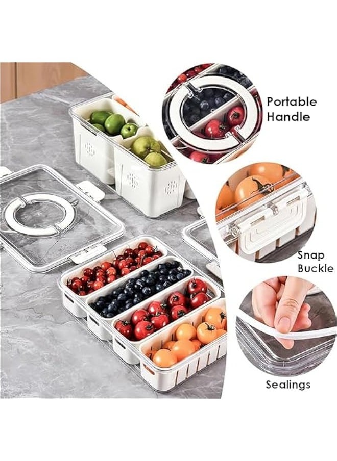 Storage Containers for Fridge, Divided Serving Tray with Lid and Handle, 4 Grids Portable Food Box Container, Fresh Produce Saver for Fruit, Vegetable, Refrigerator, Kitchen, Home, Picnic