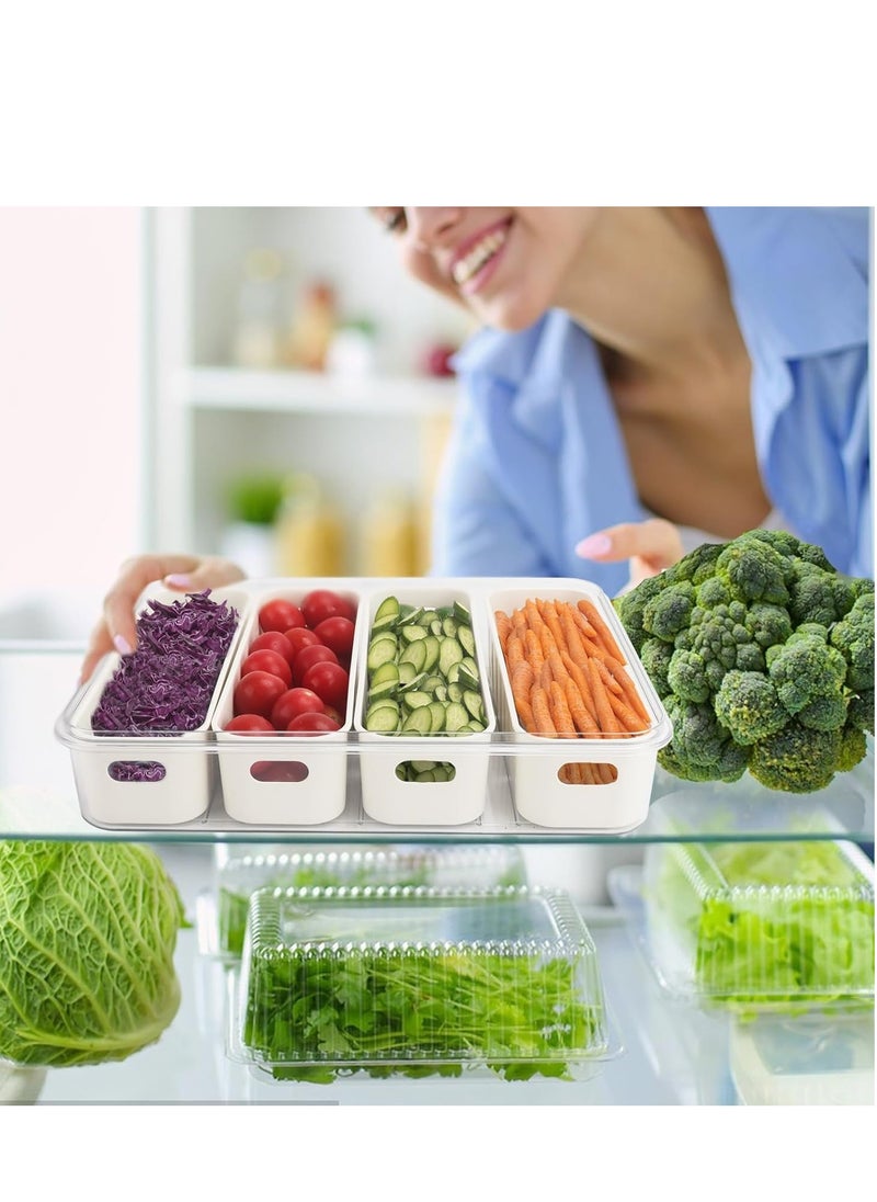 Storage Containers for Fridge, Divided Serving Tray with Lid and Handle, 4 Grids Portable Food Box Container, Fresh Produce Saver for Fruit, Vegetable, Refrigerator, Kitchen, Home, Picnic