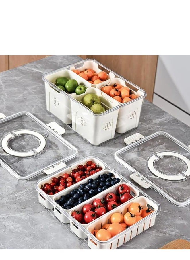 Storage Containers for Fridge, Divided Serving Tray with Lid and Handle, 4 Grids Portable Food Box Container, Fresh Produce Saver for Fruit, Vegetable, Refrigerator, Kitchen, Home, Picnic