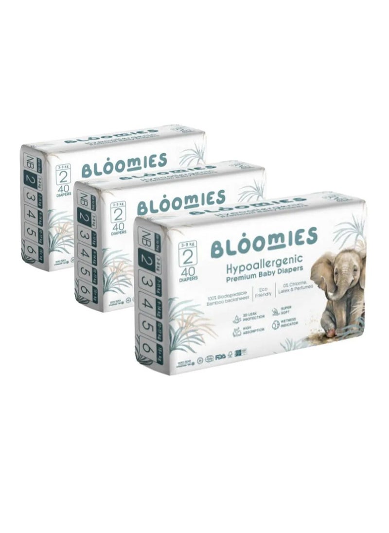 Bloomies Bloomies Premium Tape Style Baby Diapers, 120 Pieces, Size 2, 3 to 8kg - Hypoallergenic, 3D Leak Protection, Wetness Indicator, Super Soft 