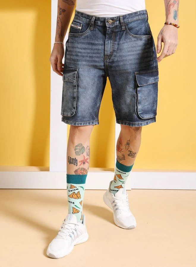 ذا انديان كراج كو Men G-505-CARGO SHORTS Solid Mid-Rise Denim Cargo Shorts