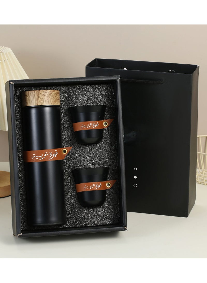 3pcs Coffee Gift Set, Including 1pc 400ml Stainless Steel Water Bottle with 2pcs 80ml Coffee Cups, Coffee Cups with Leather Sleeve, Insulated Tumbler with Wood Grain Lid, Travel Bottle and Water Cup - Image 3