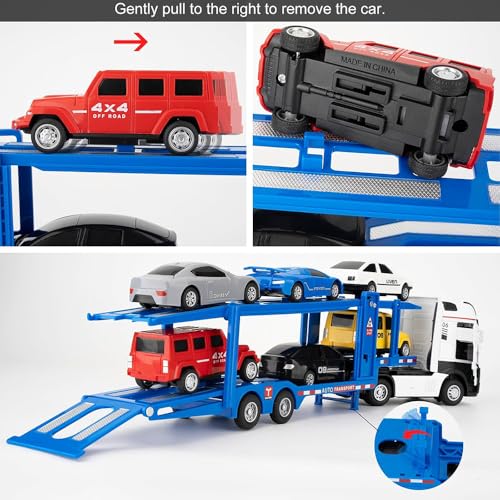 Coelon Car Truck Toy 7-in-1 Carrier Truck with Sounds Lights Pull Back Transporter Trucks Trailer Transport Toys Car Construction Trucks Toy for Kids Boys Girls and Adult - Image 3