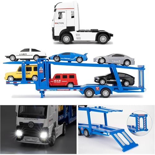 Coelon Car Truck Toy 7-in-1 Carrier Truck with Sounds Lights Pull Back Transporter Trucks Trailer Transport Toys Car Construction Trucks Toy for Kids Boys Girls and Adult - Image 4