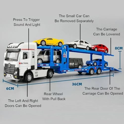 Coelon Car Truck Toy 7-in-1 Carrier Truck with Sounds Lights Pull Back Transporter Trucks Trailer Transport Toys Car Construction Trucks Toy for Kids Boys Girls and Adult - Image 2