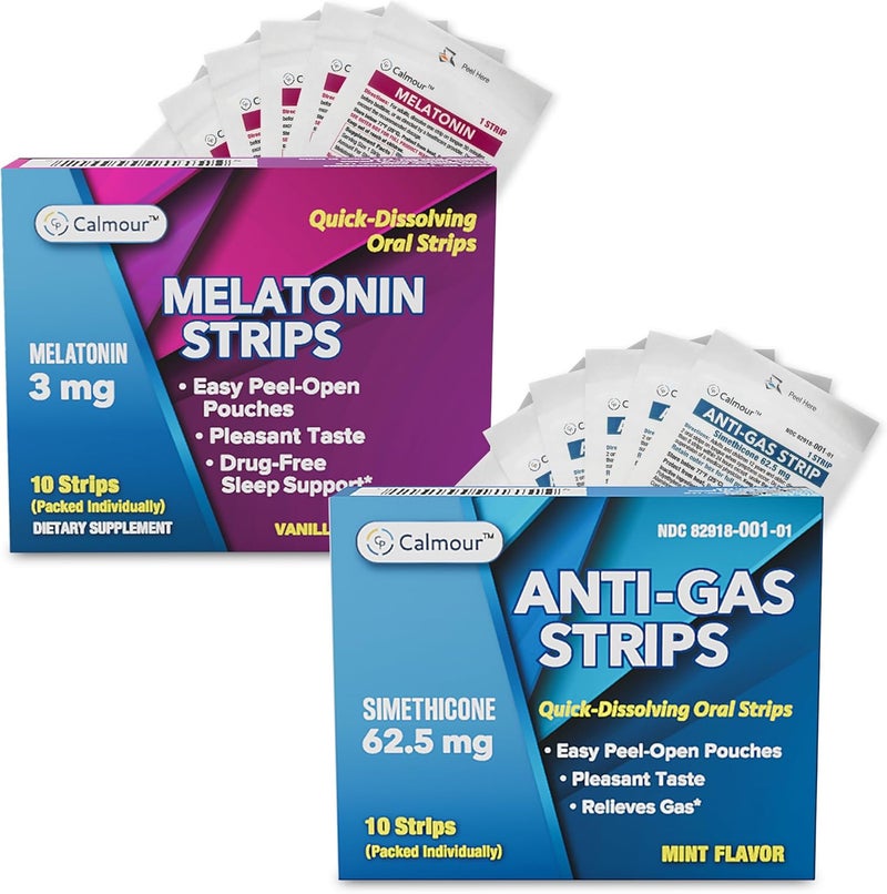 CALMOUR Rest  Digest Bundle  Anti Gas Relief Strips  Melatonin Sleep Strips  Fast Bloating Relief  Natural Sleep Support  Mint  Berry Flavors  QuickDissolving for OnTheGo Wellness - Image 1