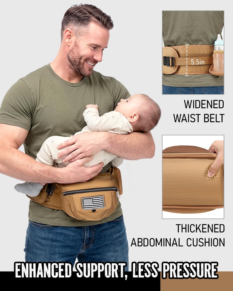 Dinictis Baby Hip Carrier for Dad, Ergonomic Military Style Waist Carrier with Hip Seat for Baby & Toddler (Up to 45 lbs), Adjustable Wide Waistband, MOLLE Webbing & Multiple Pockets, Coyote Brown - Image 2