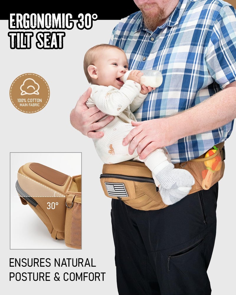 Dinictis Baby Hip Carrier for Dad, Ergonomic Military Style Waist Carrier with Hip Seat for Baby & Toddler (Up to 45 lbs), Adjustable Wide Waistband, MOLLE Webbing & Multiple Pockets, Coyote Brown - Image 3
