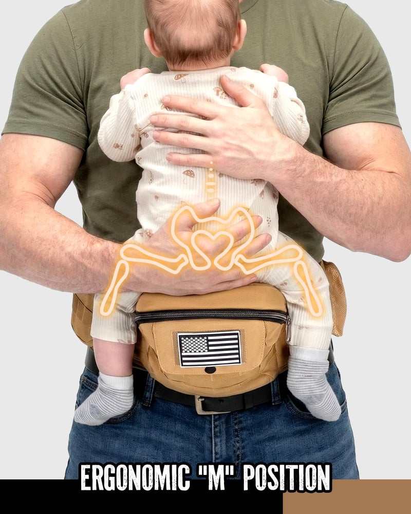 Dinictis Baby Hip Carrier for Dad, Ergonomic Military Style Waist Carrier with Hip Seat for Baby & Toddler (Up to 45 lbs), Adjustable Wide Waistband, MOLLE Webbing & Multiple Pockets, Coyote Brown - Image 4