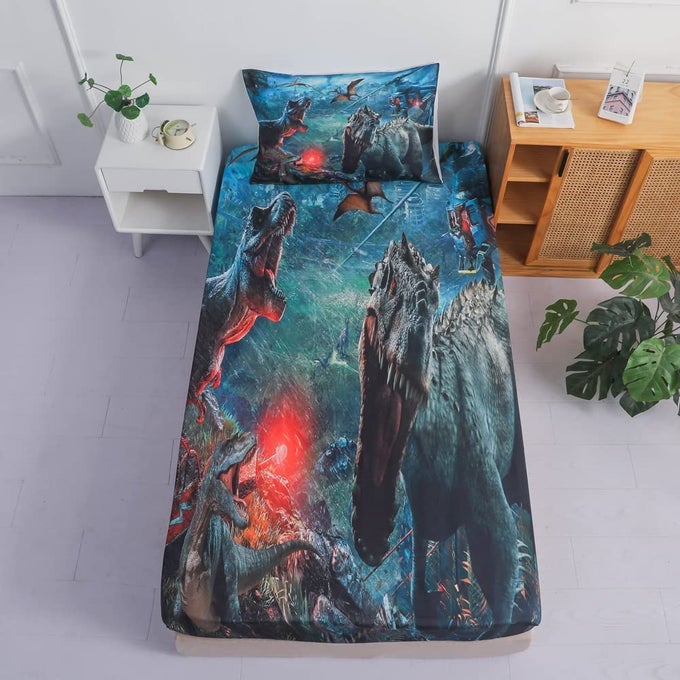KIDS DINOSAUR SHEET SETS TWIN SIZE BOYS DINOSAUR BED SET 3D TREX TRICERATOPS FITTED SHEET PILLOWCASE