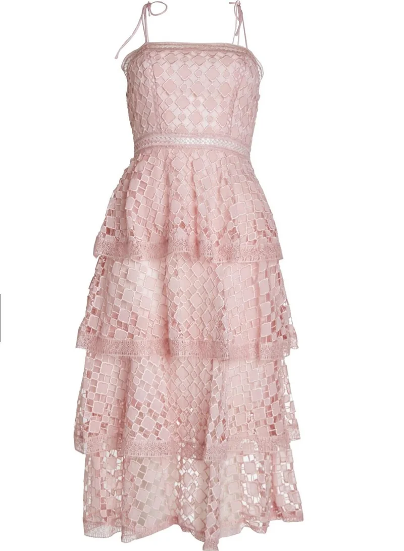 True Decadence Bella Pink Organza Cutwork Strappy Tiered Midi Dress