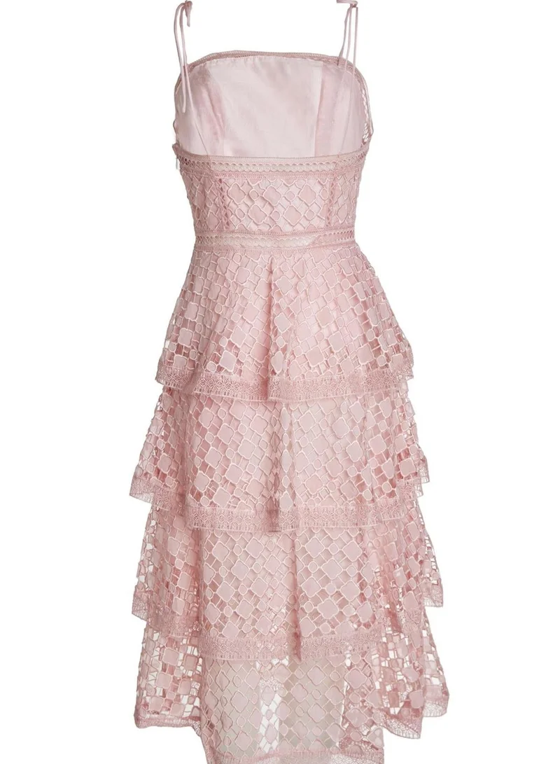 True Decadence Bella Pink Organza Cutwork Strappy Tiered Midi Dress