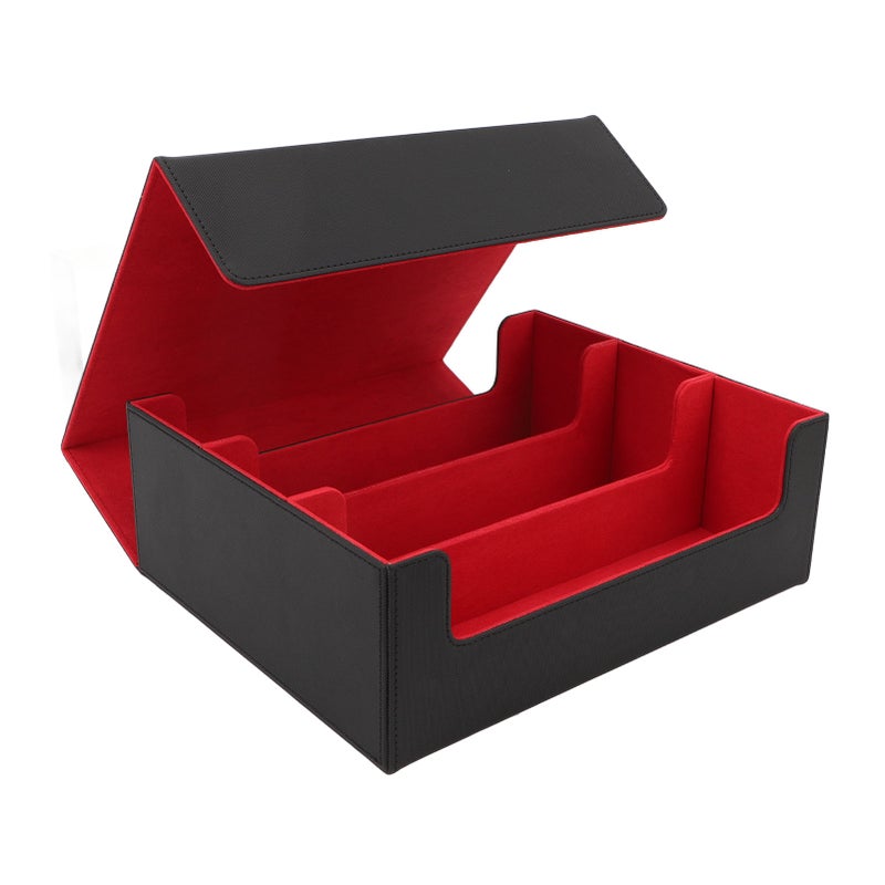 Card Deck Box 3 Rows Large Capacity Magnetic Closure PU Leather Card Deck Storage Case for Game Cards Tarot Cards Black Shell with Red Lining - Image 1