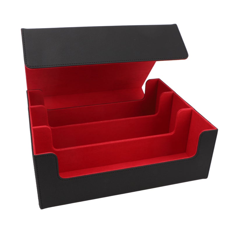Card Deck Box 3 Rows Large Capacity Magnetic Closure PU Leather Card Deck Storage Case for Game Cards Tarot Cards Black Shell with Red Lining - Image 5