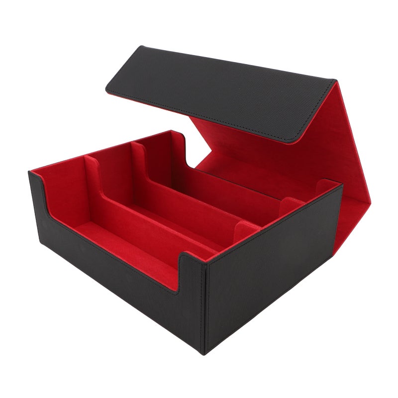 Card Deck Box 3 Rows Large Capacity Magnetic Closure PU Leather Card Deck Storage Case for Game Cards Tarot Cards Black Shell with Red Lining - Image 4