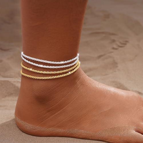 Tasiso Gold/Silver Ankle Bracelets for Women,14K Gold Anklets for Women Waterproof Sparkly Chain Rhinestone Anklets Set Stackable Layered Anklet Bracelets for Women Beach Gold Jewelry Gift - Image 4