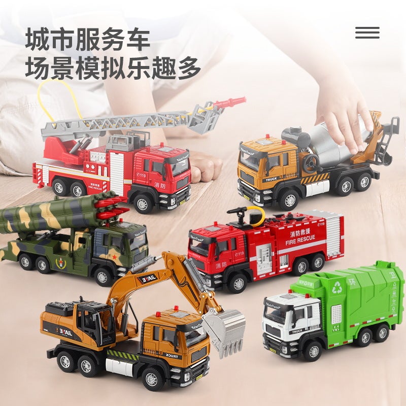 Boxed Alloy Simulation Engineering Truck Fire Truck Military Model Children Acousto-Optic Power Truck - Image 2