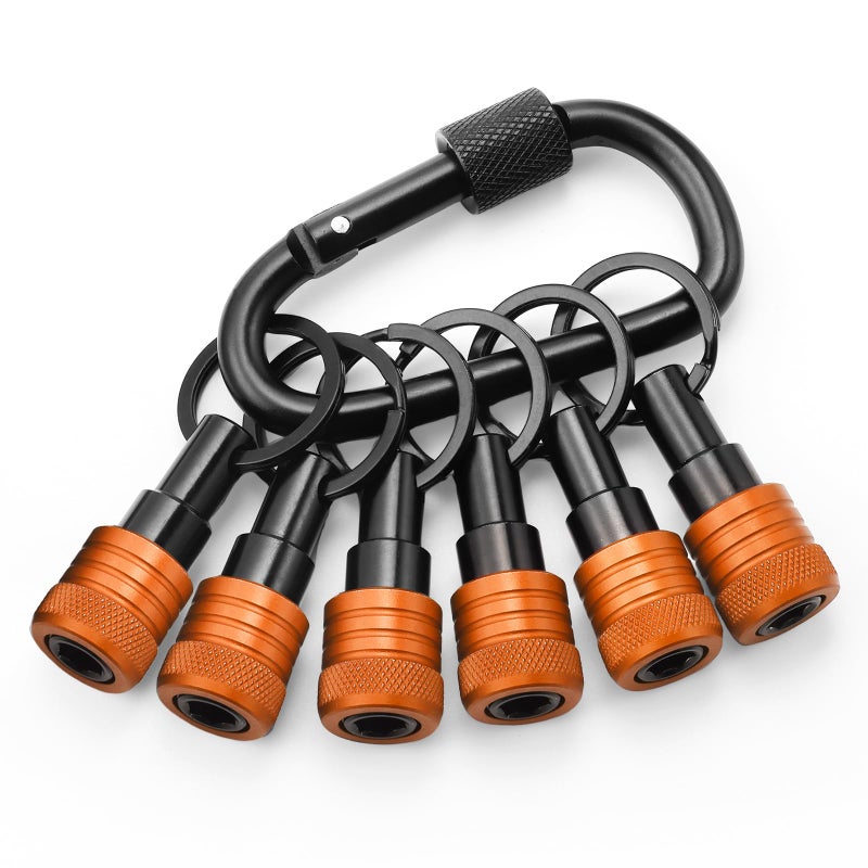VALKYNOS Enhanced Non-Slip Bit Holder Key Chain 6pc, 1/4 Inch Hex Shank Bit Holders, Impact Bits Holder for Screwdriver & Drill bits, Quick Release Bit Holder w/Black Keychain, Cool Gifts for Men, Orange - Image 1