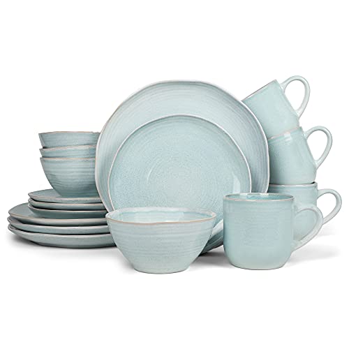 Elanze Designs Reactive Glaze Farmhouse Rustic Boho Ceramic Stoneware Dinnerware 16 Piece Plate Bowl Mug Dish Set  Service for 4 Ice Blue