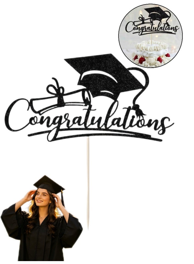 Congratulations Graduation Cake Topper, Congrats Grad Cake Decor for Graduation Parties, Successes and Happy Occasions, High School, College and Senior Graduation Party Decorations Supplies, Black - Image 1