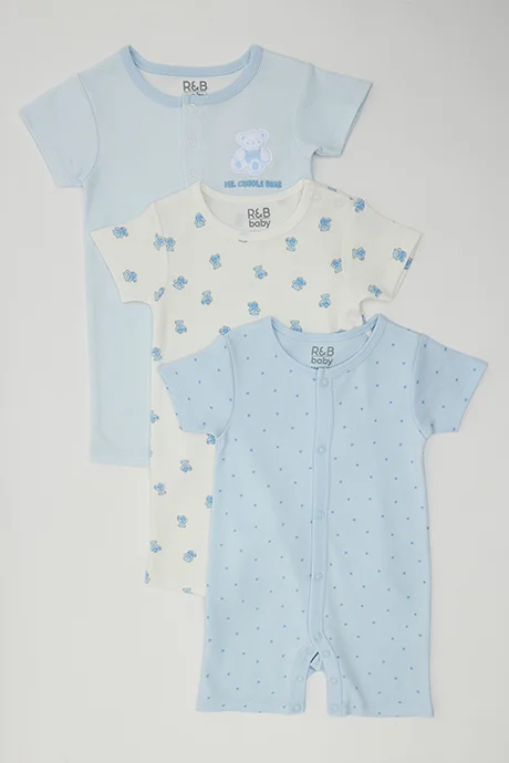 R&B 3 Pack Printed Rompers with Short Sleeves