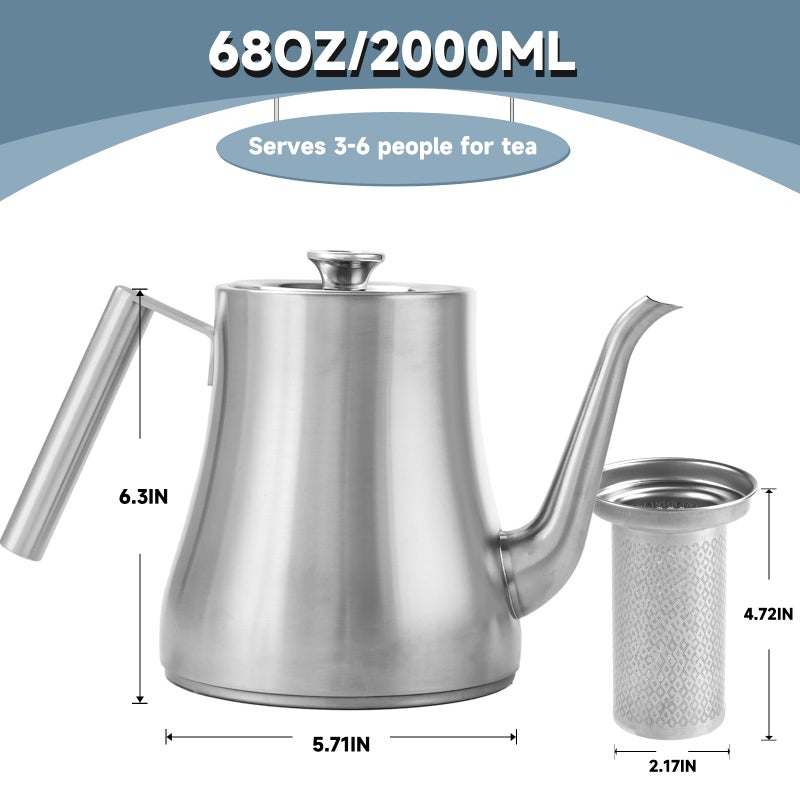 GURUDAR 68OZ/2000ML Stainless Steel Teapot with Removable Infuser, Stovetop Safe Tea Maker Water Kettle for Loose Leaf & Tea Bags, Silver - Image 2