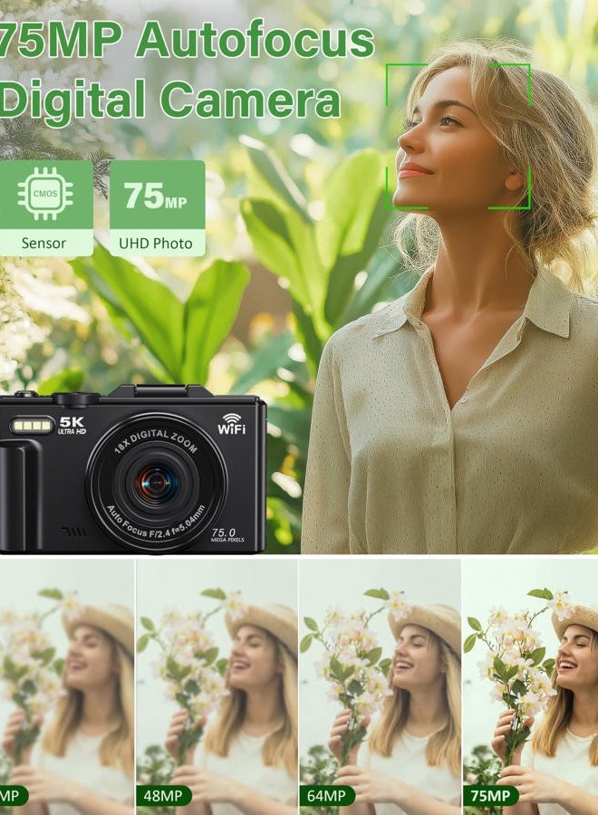 Lacegre كاميرا رقمية 5K للتصوير، كاميرا فلوغينغ بدقة 75MP مع واي فاي لليوتيوب وشاشة قابلة للطي 3" بزاوية 180°، كاميرا فيديو بدقة UHD مع زوم 18X مع بطاقة SD سعة 32GB، و2 بطارية - Image 3