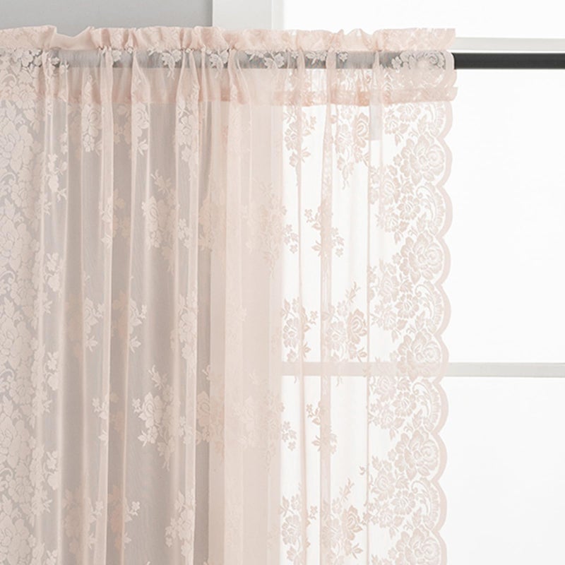 Kotile Blush Pink Lace Curtains 36 Inch Length, 2 Panels, W42 x L36 Inch Each, Country Rustic Floral Coquette Lace Cafe Curtains for Kitchen Window, Rod Pocket Privacy Short Sheer Curtain for Small Windows - Image 2