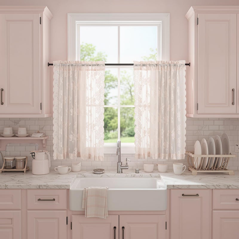 Kotile Blush Pink Lace Curtains 36 Inch Length, 2 Panels, W42 x L36 Inch Each, Country Rustic Floral Coquette Lace Cafe Curtains for Kitchen Window, Rod Pocket Privacy Short Sheer Curtain for Small Windows - Image 1
