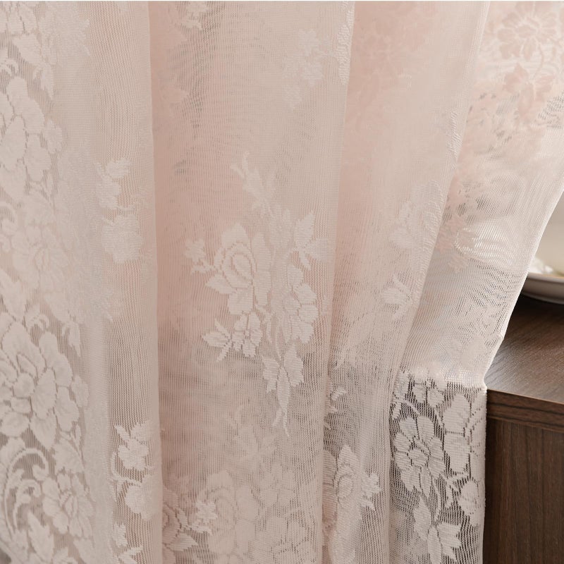 Kotile Blush Pink Lace Curtains 36 Inch Length, 2 Panels, W42 x L36 Inch Each, Country Rustic Floral Coquette Lace Cafe Curtains for Kitchen Window, Rod Pocket Privacy Short Sheer Curtain for Small Windows - Image 4