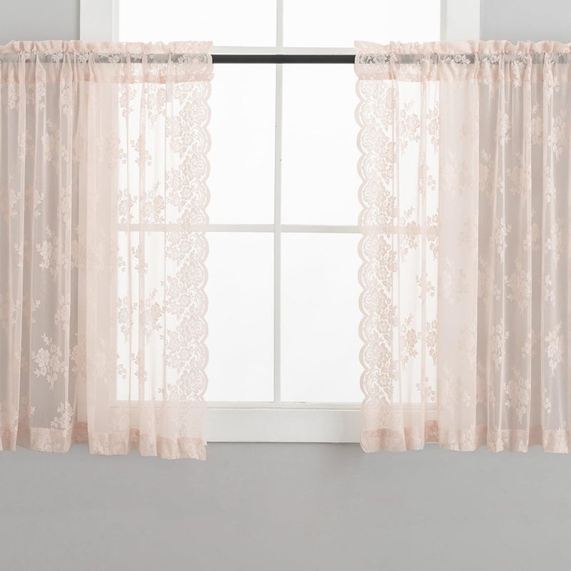 Kotile Blush Pink Lace Curtains 36 Inch Length, 2 Panels, W42 x L36 Inch Each, Country Rustic Floral Coquette Lace Cafe Curtains for Kitchen Window, Rod Pocket Privacy Short Sheer Curtain for Small Windows - Image 5