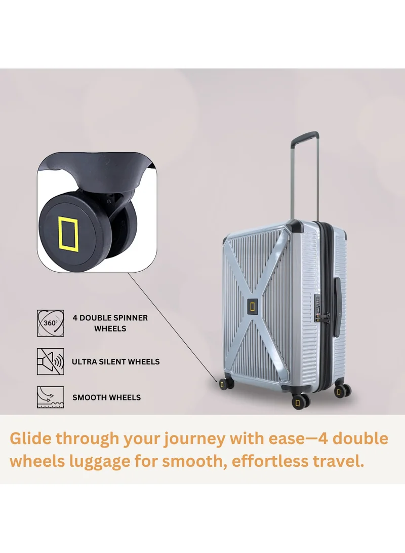 ناشيونال چيوغرافيك National Geographic Metallic PC Hardside Luggage Silver Large Trolley Bags, Lightweight Durable Anti-Theft Zipper TSA Lock, 4 Double Spinner Wheels, Expandable Suitcase with Aluminum Telescopic Handle