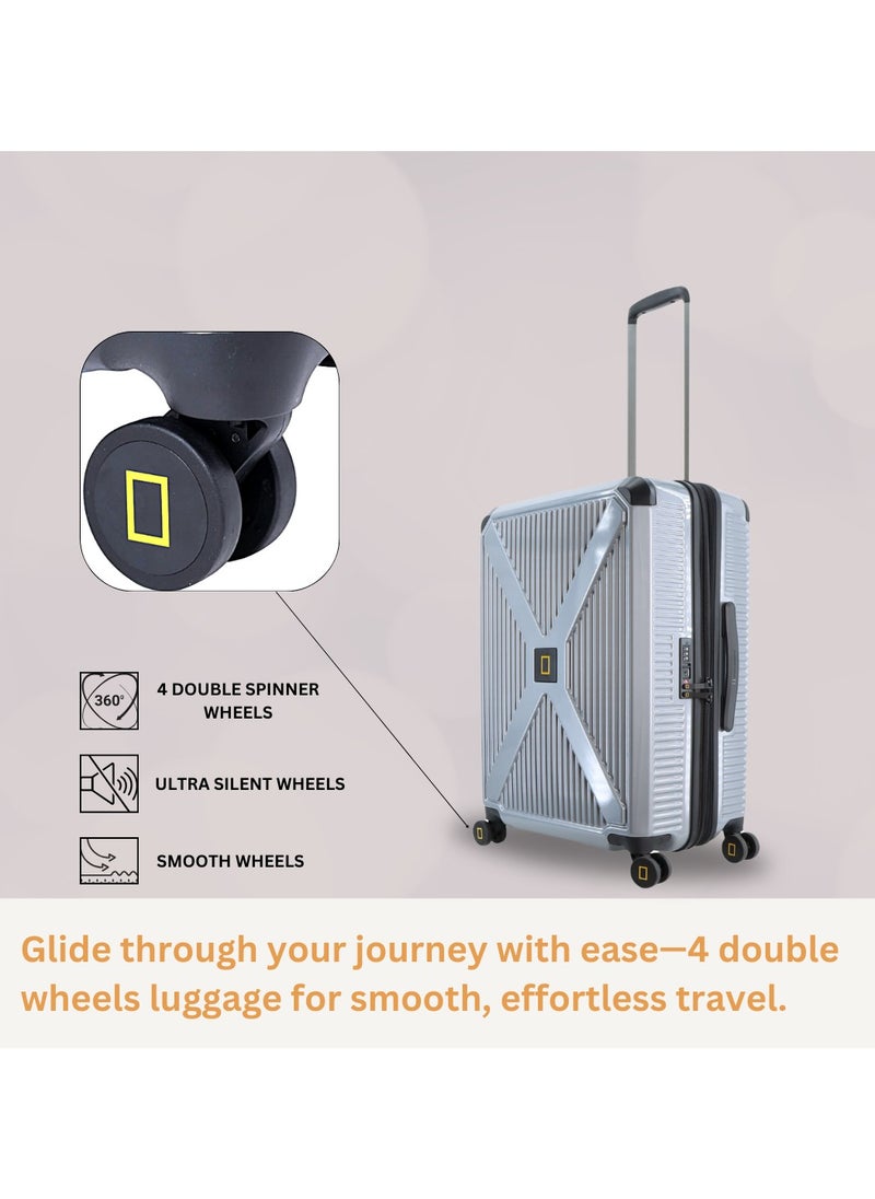 NATIONAL GEOGRAPHIC National Geographic Metallic PC Hardside Luggage Silver Large Trolley Bags, Lightweight Durable Anti-Theft Zipper TSA Lock, 4 Double Spinner Wheels, Expandable Suitcase with Aluminum Telescopic Handle  - Image 3