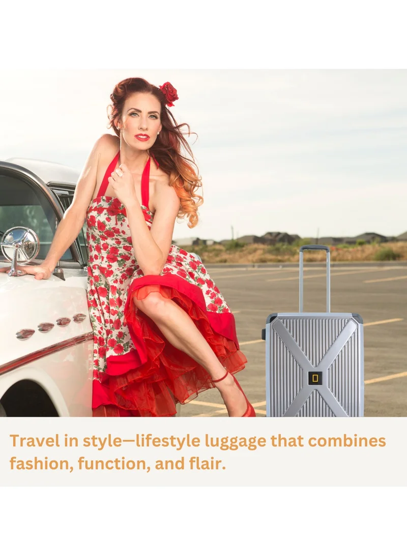 ناشيونال چيوغرافيك National Geographic Metallic PC Hardside Luggage Silver Large Trolley Bags, Lightweight Durable Anti-Theft Zipper TSA Lock, 4 Double Spinner Wheels, Expandable Suitcase with Aluminum Telescopic Handle