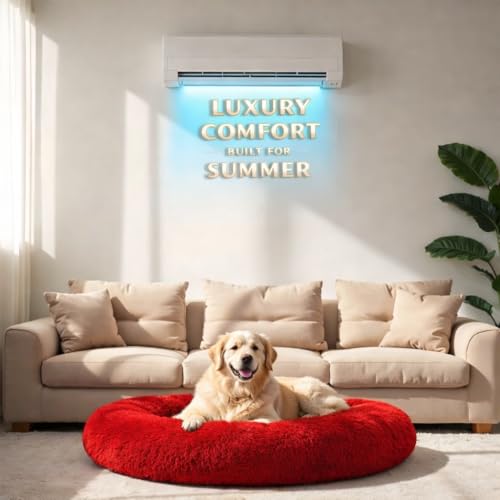 ZEXSAZONE® Summer Round Donut Dog & Cat Bed – Ultra-Soft Faux Fur Anti-Anxiety Pet Bed | Medium Size | Cozy Warmth & Comfort | Vibrant Red | Ideal for Dogs, Cats & Puppies Red Medium - Image 3