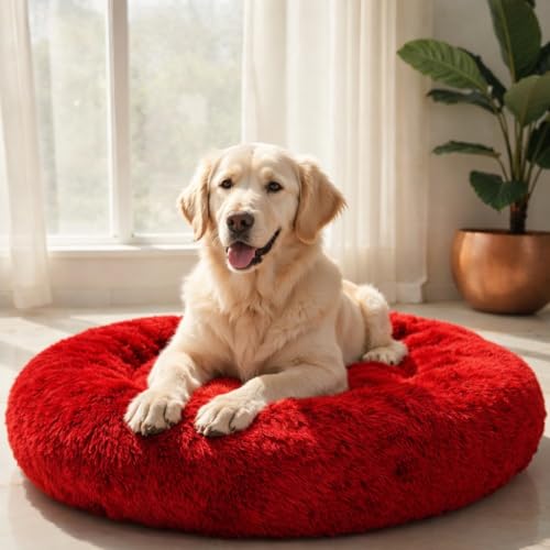 ZEXSAZONE® Summer Round Donut Dog & Cat Bed – Ultra-Soft Faux Fur Anti-Anxiety Pet Bed | Medium Size | Cozy Warmth & Comfort | Vibrant Red | Ideal for Dogs, Cats & Puppies Red Medium - Image 1
