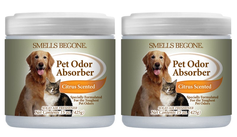 SMELLS BEGONE Air Freshener Pet Odor Absorber Gel  15 oz Pack of 2  Absorbs and Eliminates Odor in Pet Areas Bathrooms Cars  Boats  Made with Essential Oils  Citrus Scent