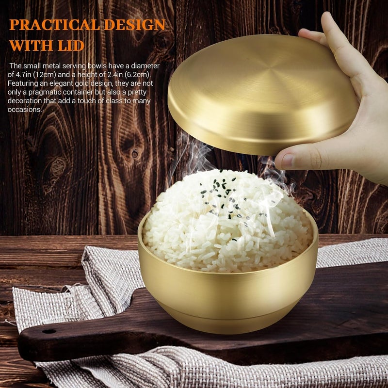 Roucerlin 4Pcs Stainless Steel Rice Bowl with Lid 4.7In, 13 oz Double-Walled Insulated Metal Snack Bowls, Small Metal Serving Bowls, Appetizer Bowls Gold for Sauces, Noodles, Ice Cream, Oat, Cereal (4) - Image 3