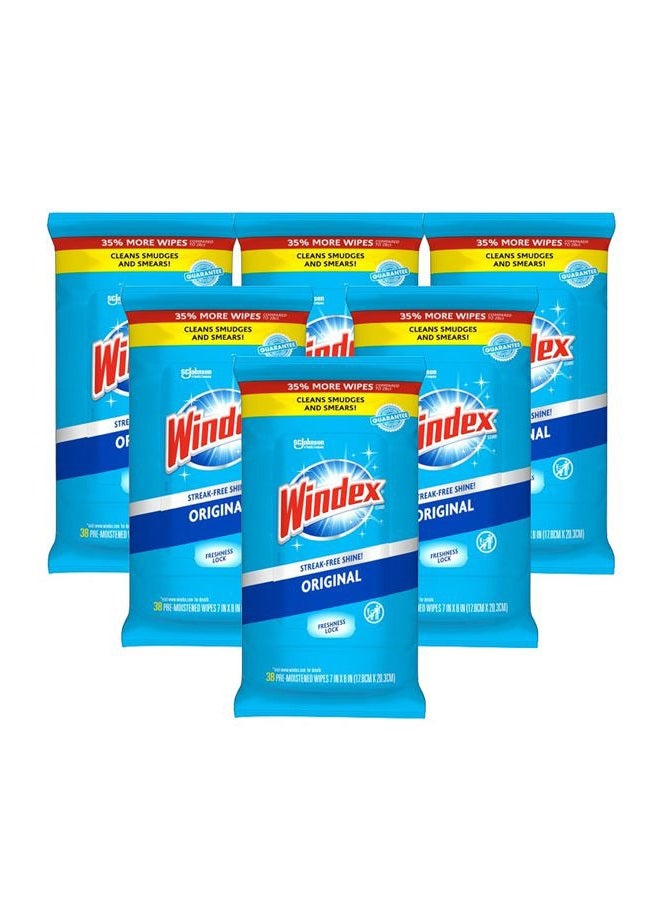 Windex مناديل زجاج أصلية، مناديل زجاج وسطح مبللة مسبقًا تنظف وتوفر لمعان خالي من الخطوط، 38 قطعة، عبوة من 6 - Image 1