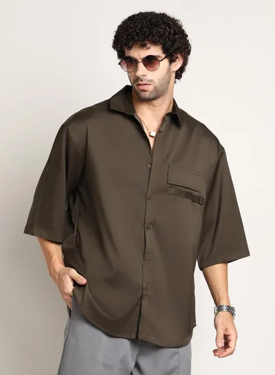 Campus Sutra Men's Coffee Brown Satin-Utility Oversized Shirt