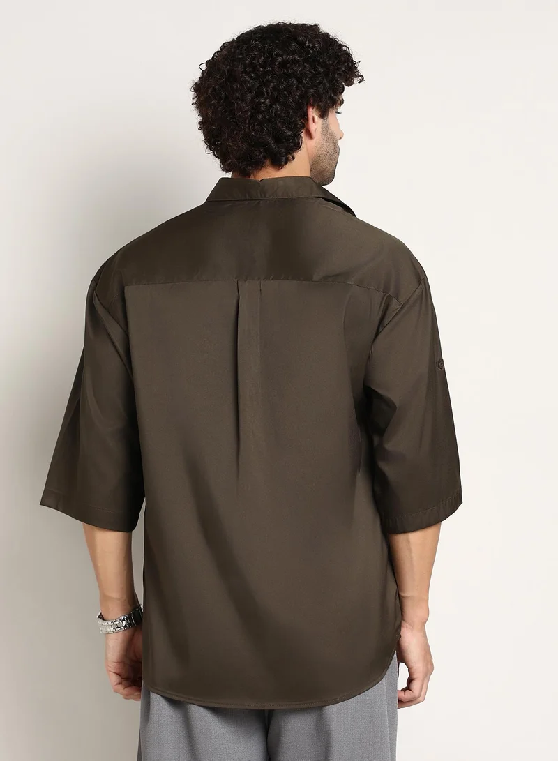 Campus Sutra Men's Coffee Brown Satin-Utility Oversized Shirt