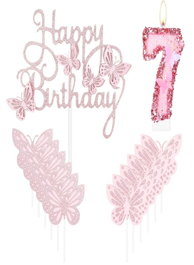 iNINGER Birthday Candles Number 7 Candle,Butterfly 7th Birthday Decorations for Women/Girl,Cupcake Candle for Party,Pink Handmade Sequin Numeral Candle Wedding Cake Topper Anniversary Party Decor - Image 1