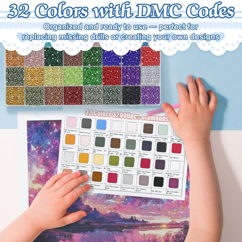 FEMBW 32 Colors 32,000 PCS Acrylic Diamond Painting Beads, Flat Bottom Round Rhinestones for 5D DIY Craft, Boxed with DMC Color Codes - Image 3