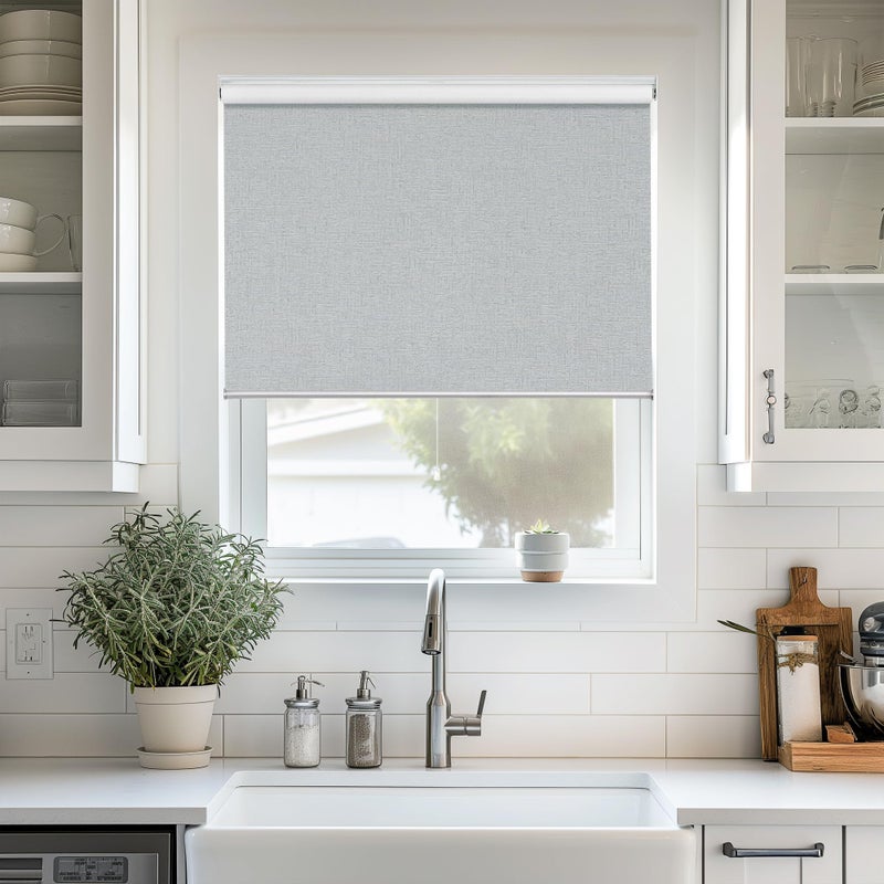 ChrisDowa Cordless 100 Blackout Roller Shade with Striped Jacquard Thermal Insulated UV Protection Fabric Total Blackout Blinds for Window French Doors Home and OfficeLight Grey 28W x 72H