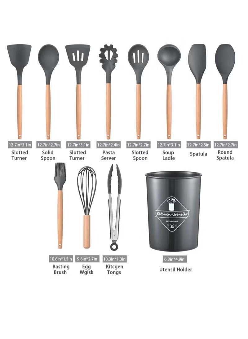 ACLIX 12 Pcs Silicone Cooking Utensils Kitchen Utensil Set - Turner Tongs, Spatula, Spoon, Brush, Whisk, Wooden Handle Gray Kitchen Gadgets with Holder for Nonstick Cookware Grey/Black - Image 2