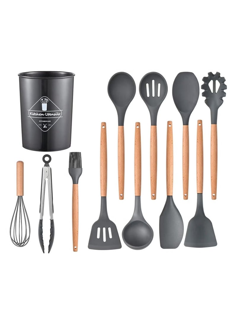 ACLIX 12 Pcs Silicone Cooking Utensils Kitchen Utensil Set - Turner Tongs, Spatula, Spoon, Brush, Whisk, Wooden Handle Gray Kitchen Gadgets with Holder for Nonstick Cookware Grey/Black - Image 1