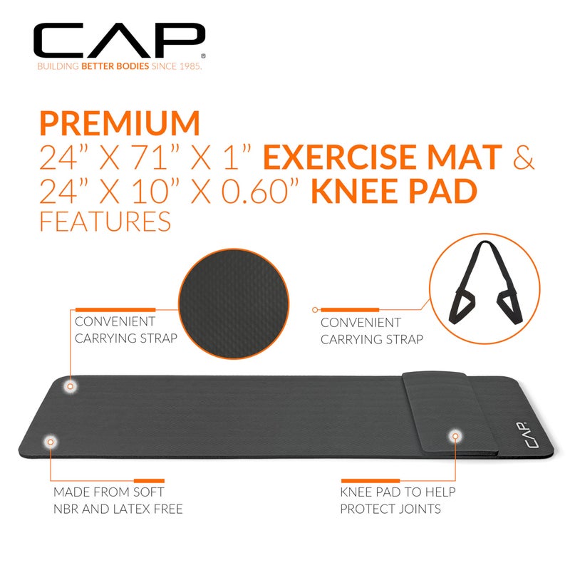 CAP Barbell Yoga Mat 1/2" Thick with Carrying Strap & Knee Pad - High Density Exercise Mat for Yoga, Pilates, Stretching, Floor & Fitness Workouts - 71''x24''x1/2" | Black - Image 3