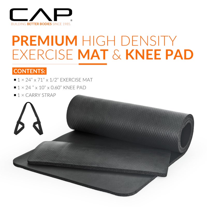 CAP Barbell Yoga Mat 1/2" Thick with Carrying Strap & Knee Pad - High Density Exercise Mat for Yoga, Pilates, Stretching, Floor & Fitness Workouts - 71''x24''x1/2" | Black - Image 2