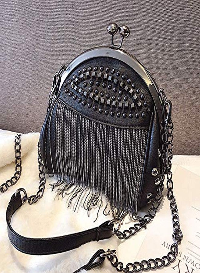 Minache Women Mini Punk Style Rivet Fringe Hobo Crossbody Shoulder Bag Tassel Evening Handbag Clutch Purse - Image 5